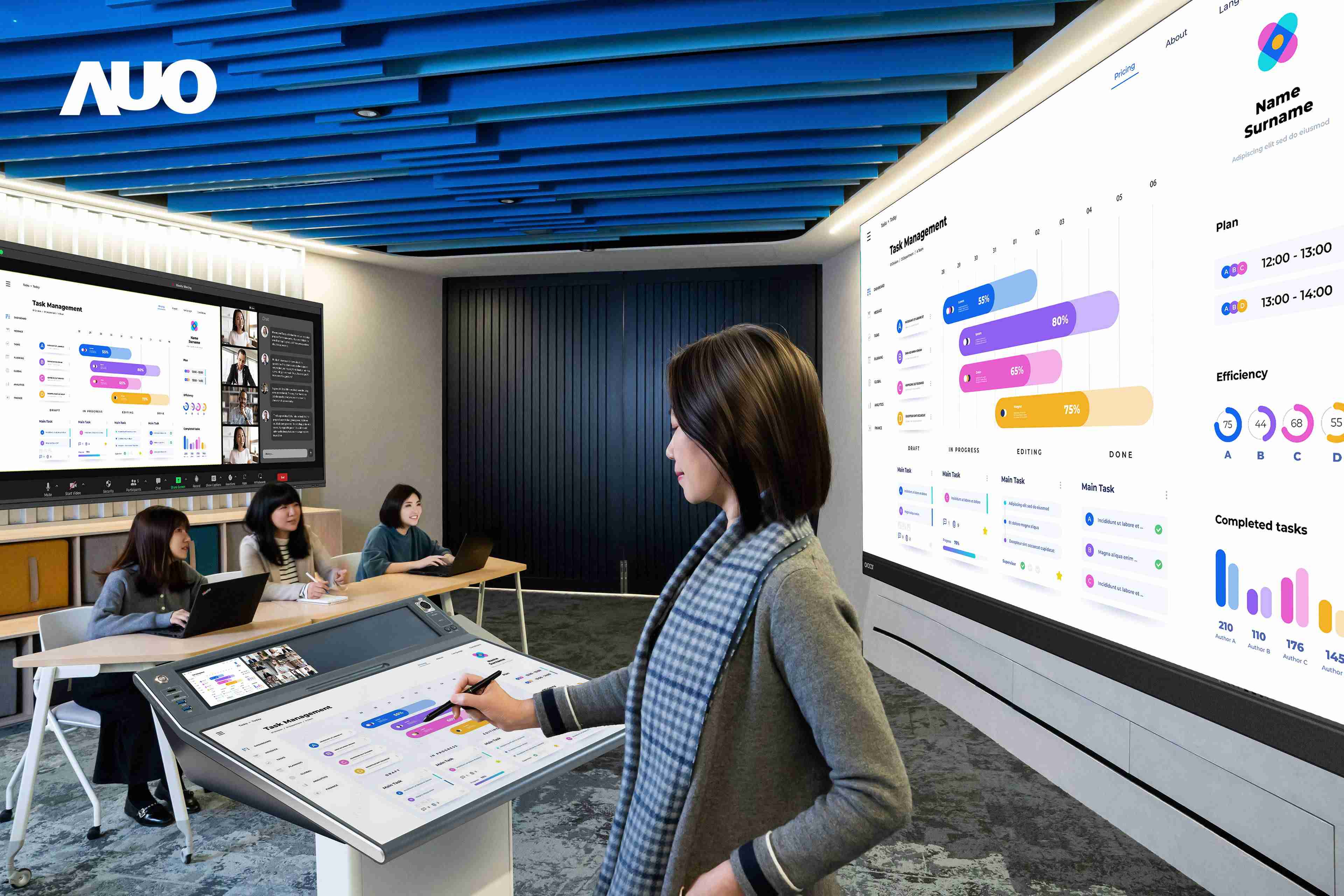 达擎携手Avocor与Rise Vision展示全方位商务领域应用，，，，包含采用模块化设计的138吋一体式All-in-One LED显示器及具21:9超宽比例的92吋交互式电子白板（IFPD），，讲者可轻松分享内容，，，，有效提升会议协作效率。。。